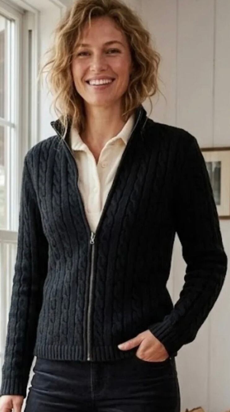 L.L.Bean Black Cable Knit Full Zip-Up Cotton Sweater Women's M